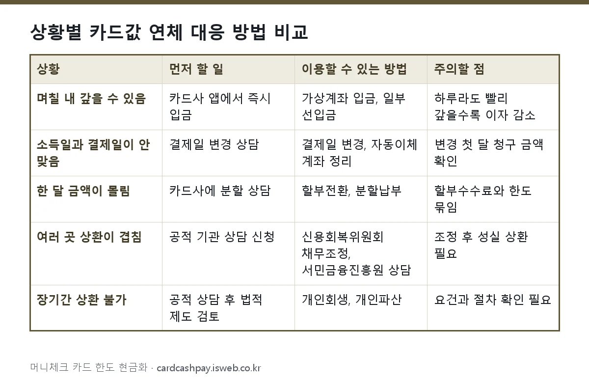 상황별 카드값 연체 대응 방법 비교 표를 그림으로 정리한 이미지